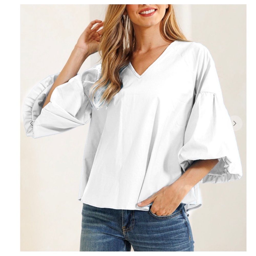 Boho Balloon Sleeve Baby Doll V-neck Solid Top - Picture 1 of 4